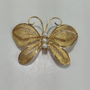 Vintage Napier Butterfly Brooch Gold Tone Faux Pearl Signed Elegant Statement